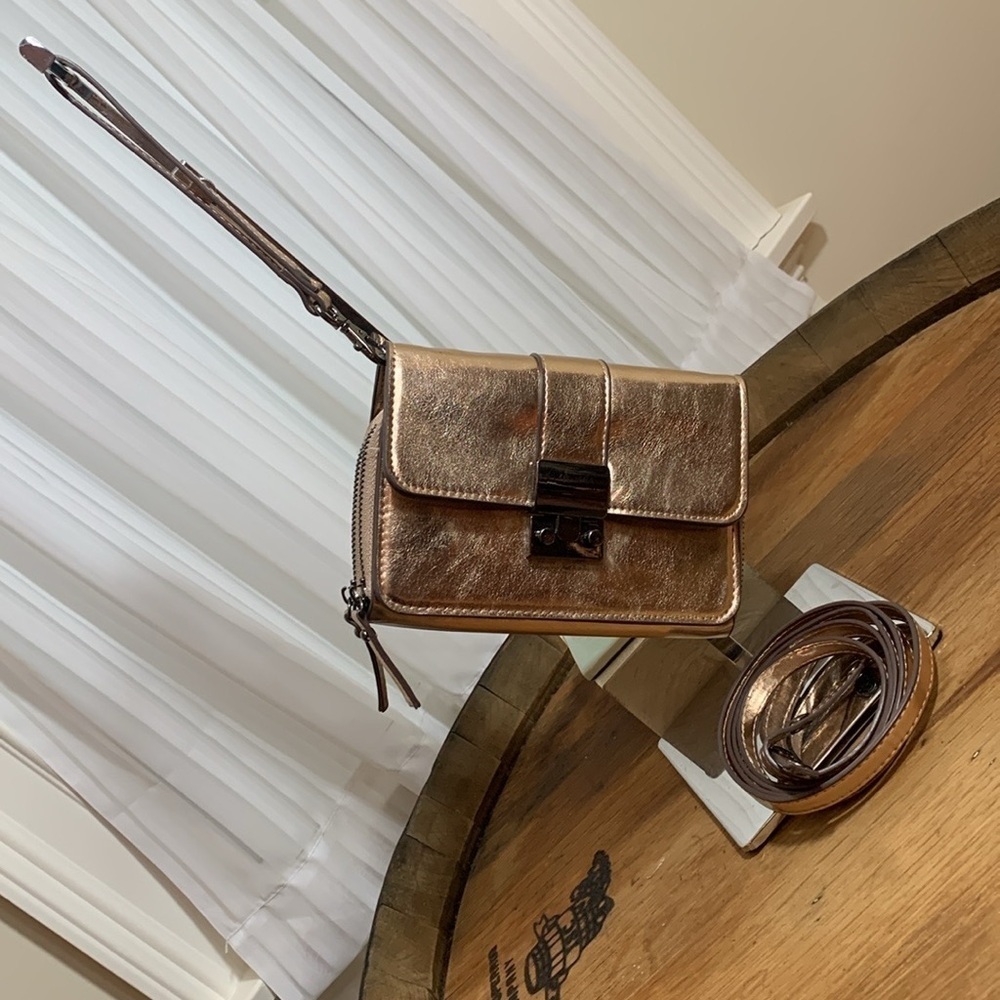 Sondra Roberts | Rose Gold Faux Leather Crossbody Wristlet Clutch Zip Around Bag - Picture 16 of 17